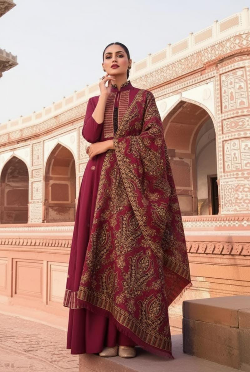 BAREEZE HEAVY EMBROIDERED DHANAK UNSTICHED 3pc WITH EMBROIDERED SHAWL (SL-507)