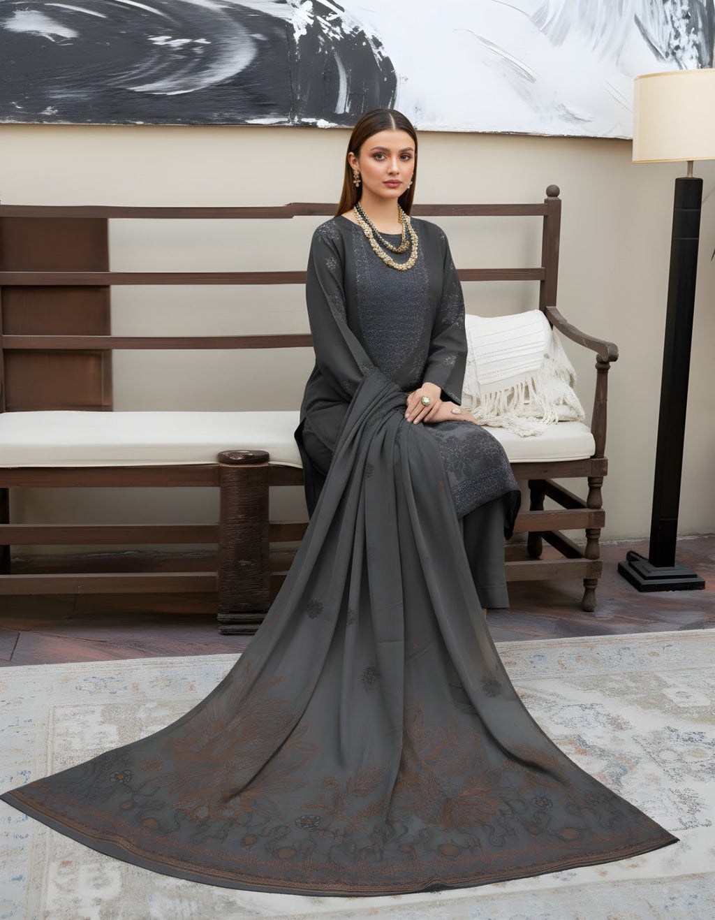 “BAVLI” BY ZIMAL TEXTILES SLUB VISCOSE EMBROIDERED APLIC WORK UNSTICHED 3pc SL-D02