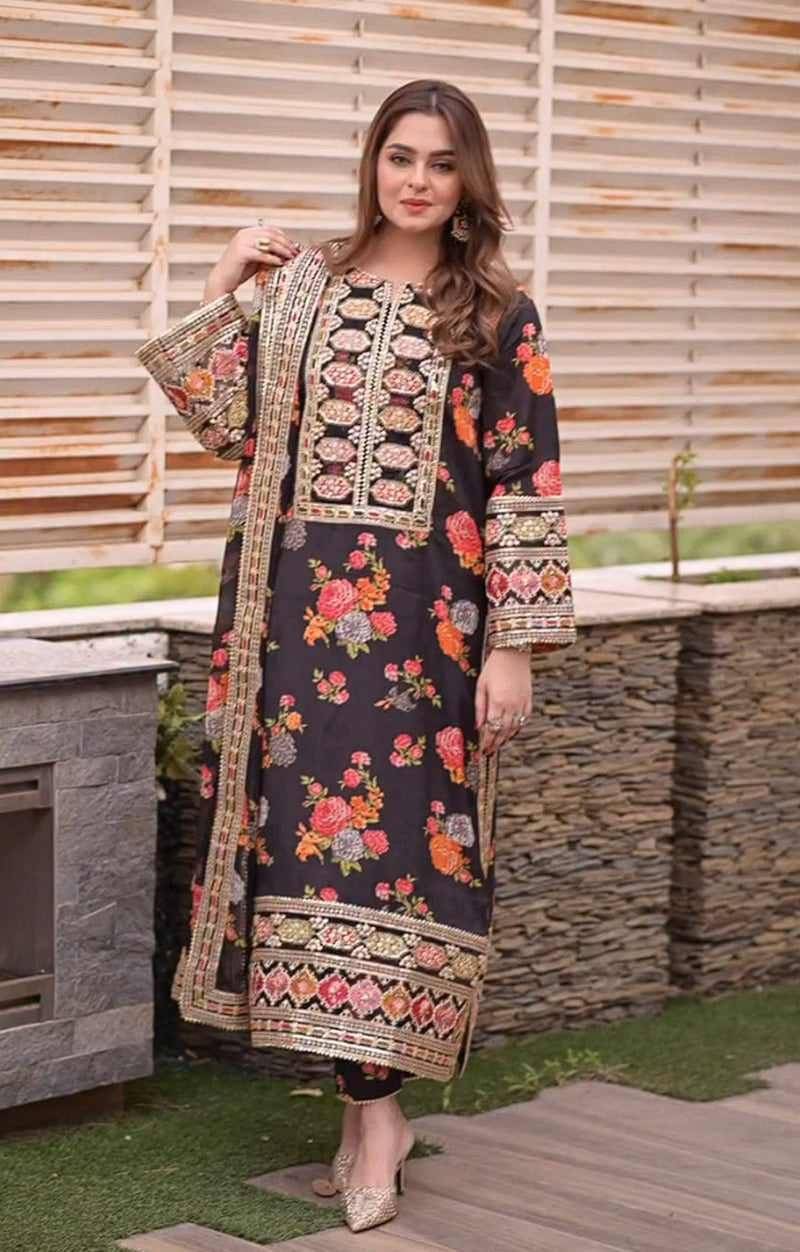 ARZAY “Black Floral Printed  Embroidered 3-Piece Suit – Luxury Dhanak UNSTICHED collection (SL-1655)