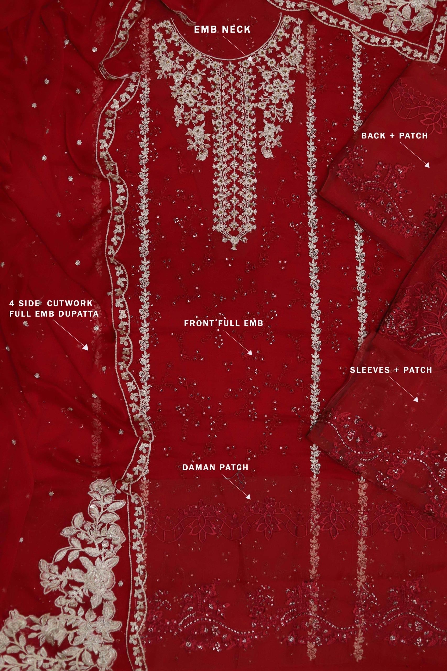 Royal Crimson By Azure -Handemblish Formal Red Chiffon Unstiched Party Wear (SL-12256)