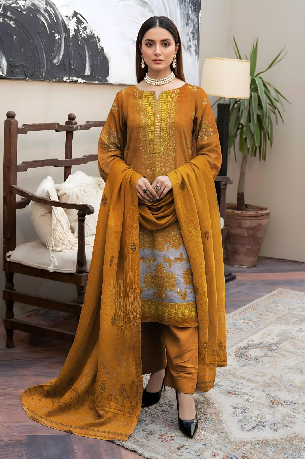 “BAVLI” BY ZIMAL TEXTILES SLUB VISCOSE EMBROIDERED APLIC WORK UNSTICHED 3pc SL-D04