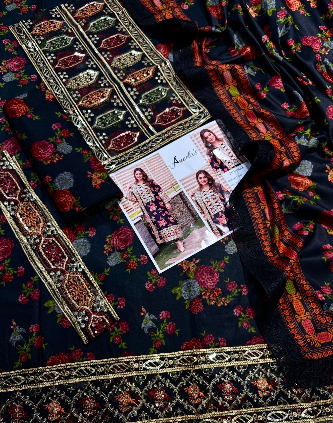 ARZAY “Black Floral Printed  Embroidered 3-Piece Suit – Luxury Dhanak UNSTICHED collection (SL-1655)