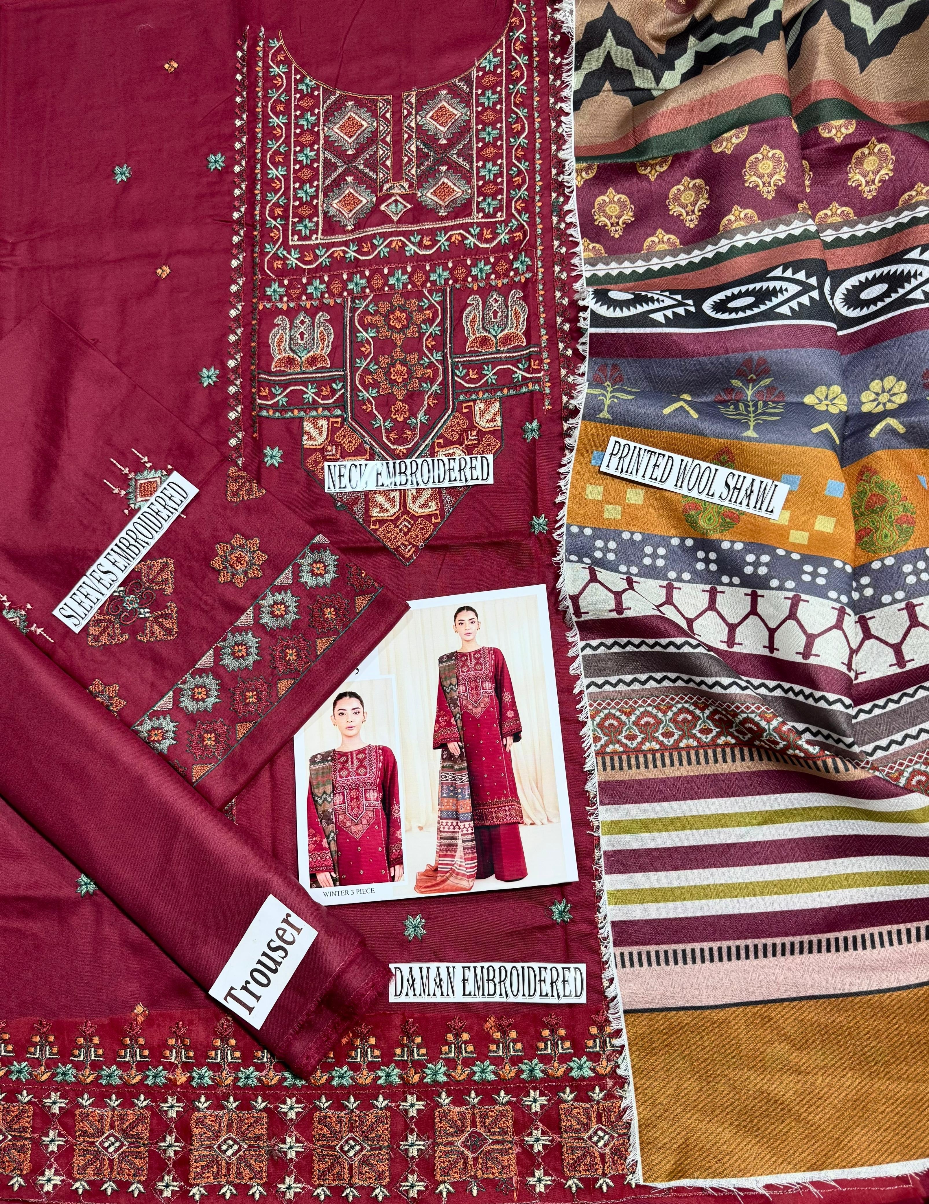 SAPHIRE-EMBROIDERED DHANAK 3pc Unstiched