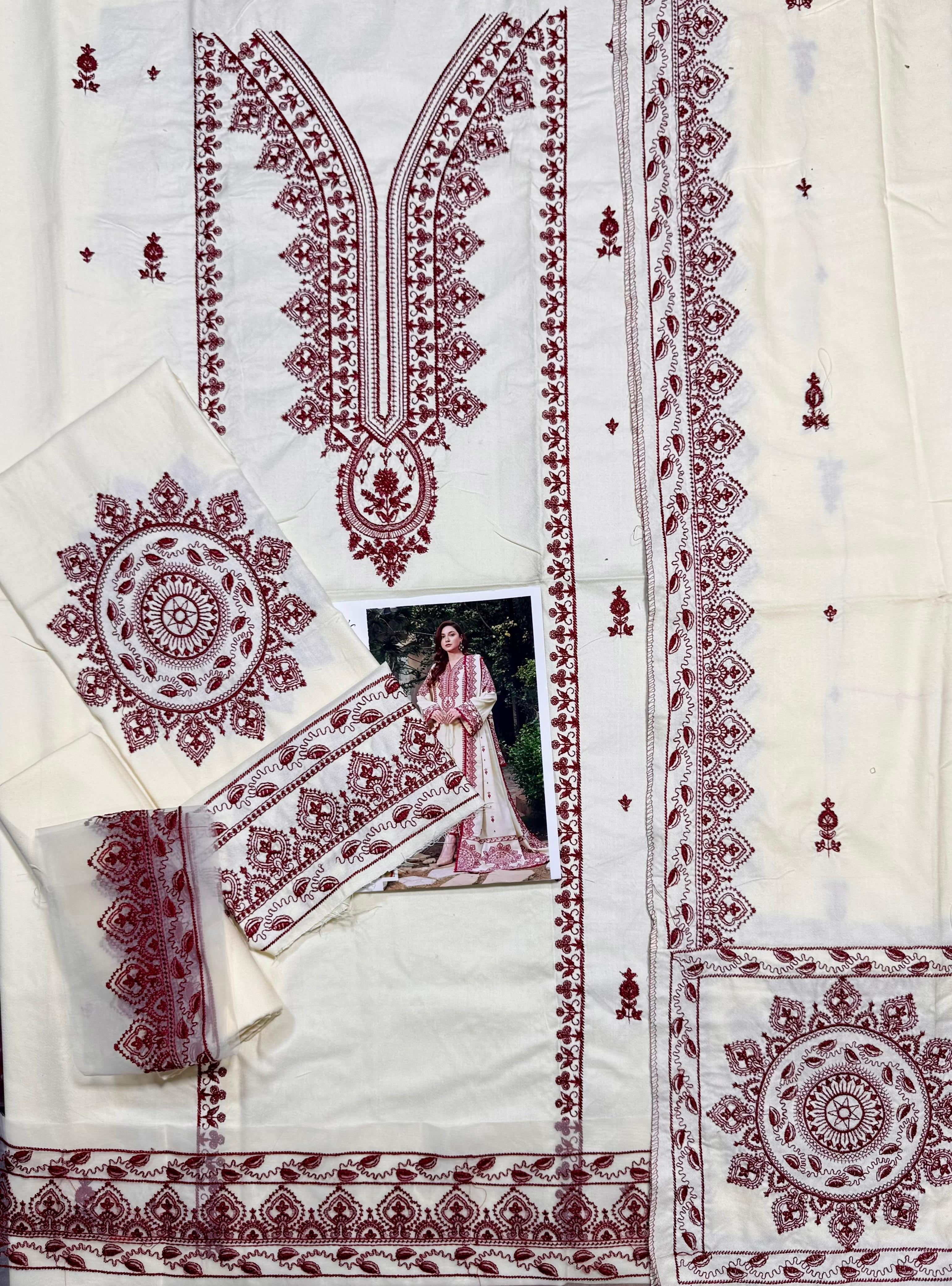 ANEELAS-3PC DHANAK EMBROIDERED SHIRT WITH DHANAK EMBROIDERED SHAWL & TROUSER SL-1155