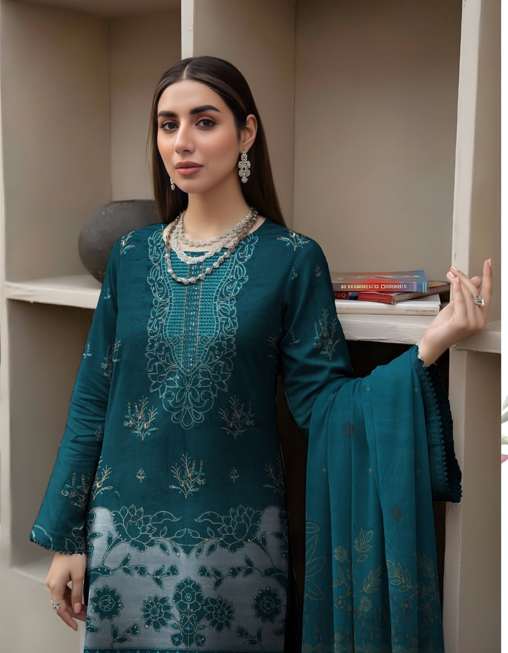 BAVLI BY ZIMAL TEXTILES SLUB VISCOSE EMBROIDERED UNSTICHED 3pc With Barosha Shawl SL-D03