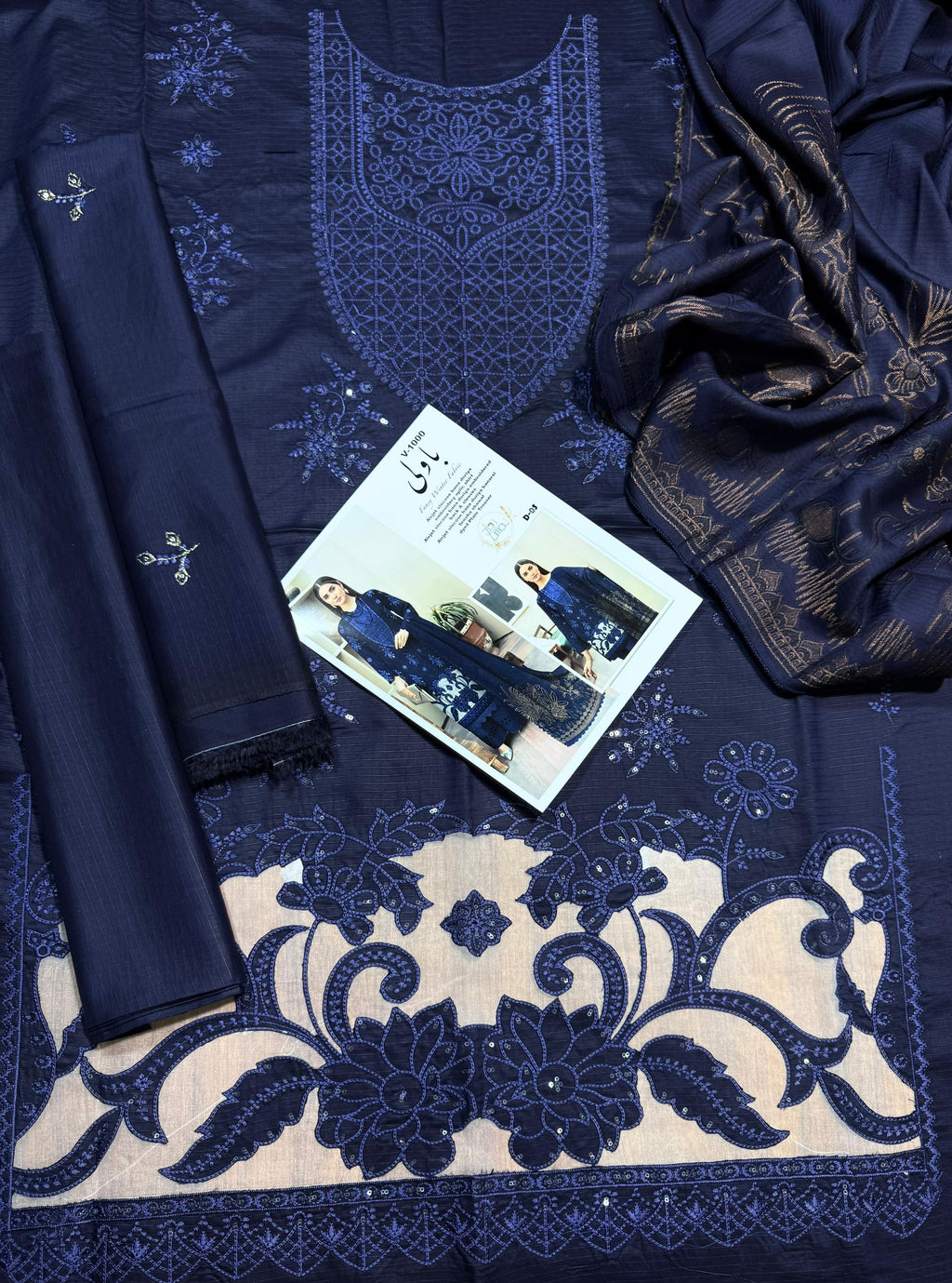 “BAVLI” BY ZIMAL TEXTILES SLUB VISCOSE EMBROIDERED APLIC WORK UNSTICHED 3pc SL-D05