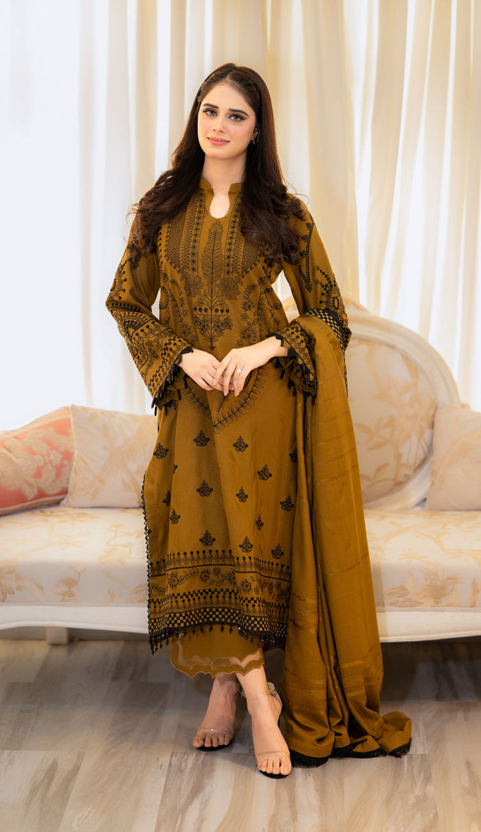 Zainii’s Mustard Embroidered Dhanak Unstiched 3pc WITH EMBROIDERED DHANAK SHAWL (SL-1155)