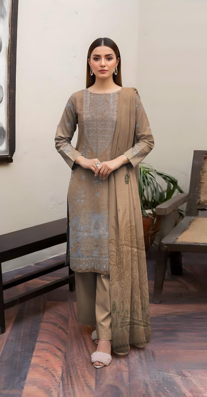 “BAVLI” SLUB VISCOSE EMROIDERED APLIC WORK UNSTICHED 3pc SL-D01