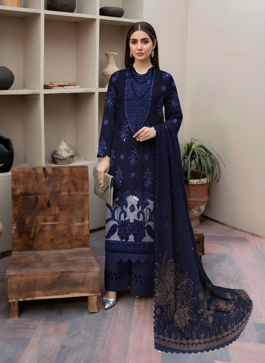 “BAVLI” BY ZIMAL TEXTILES SLUB VISCOSE EMBROIDERED APLIC WORK UNSTICHED 3pc SL-D05