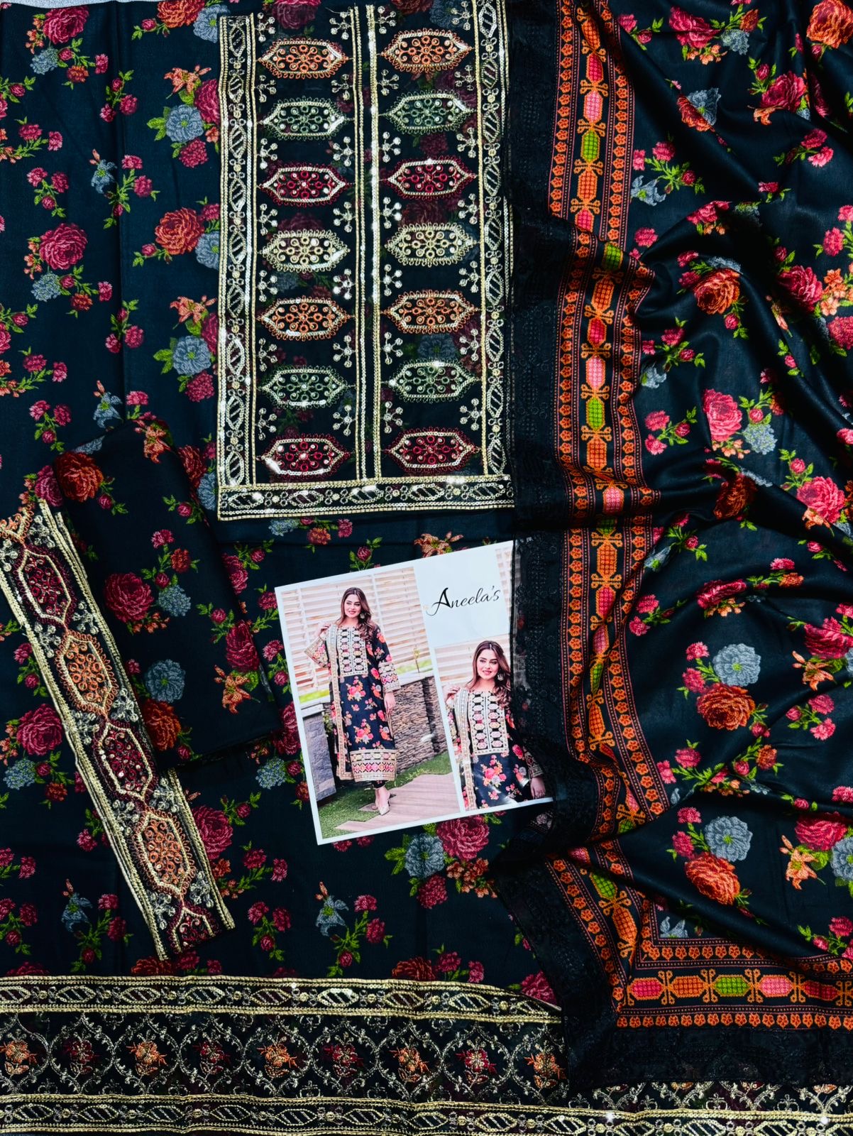 ARZAY “Black Floral Printed  Embroidered 3-Piece Suit – Luxury Dhanak UNSTICHED collection (SL-1655)