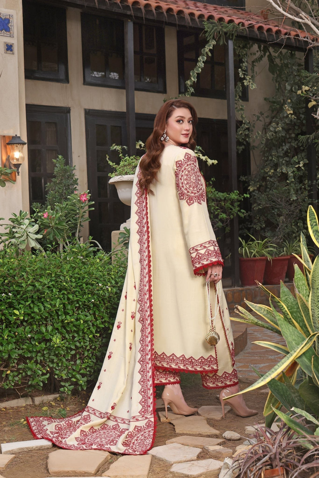 ANEELAS-3PC DHANAK EMBROIDERED SHIRT WITH DHANAK EMBROIDERED SHAWL & TROUSER SL-1155
