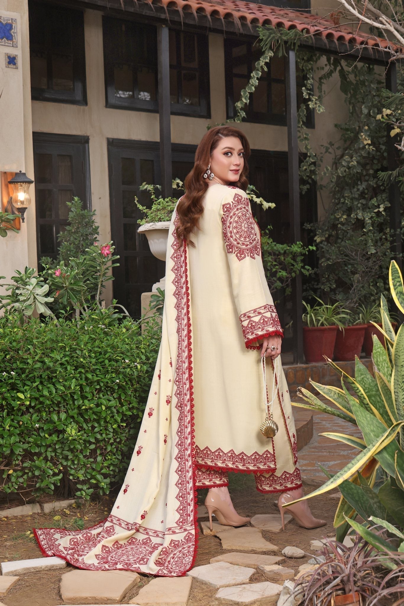 ANEELAS-3PC DHANAK EMBROIDERED SHIRT WITH DHANAK EMBROIDERED SHAWL & TROUSER SL-1155