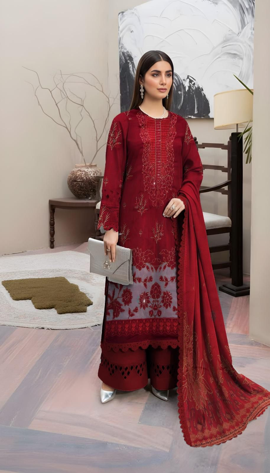 “BAVLI” SLUB VISCOSE EMBROIDERED APLIC WORK UNSTICHED 3pc SL-D02