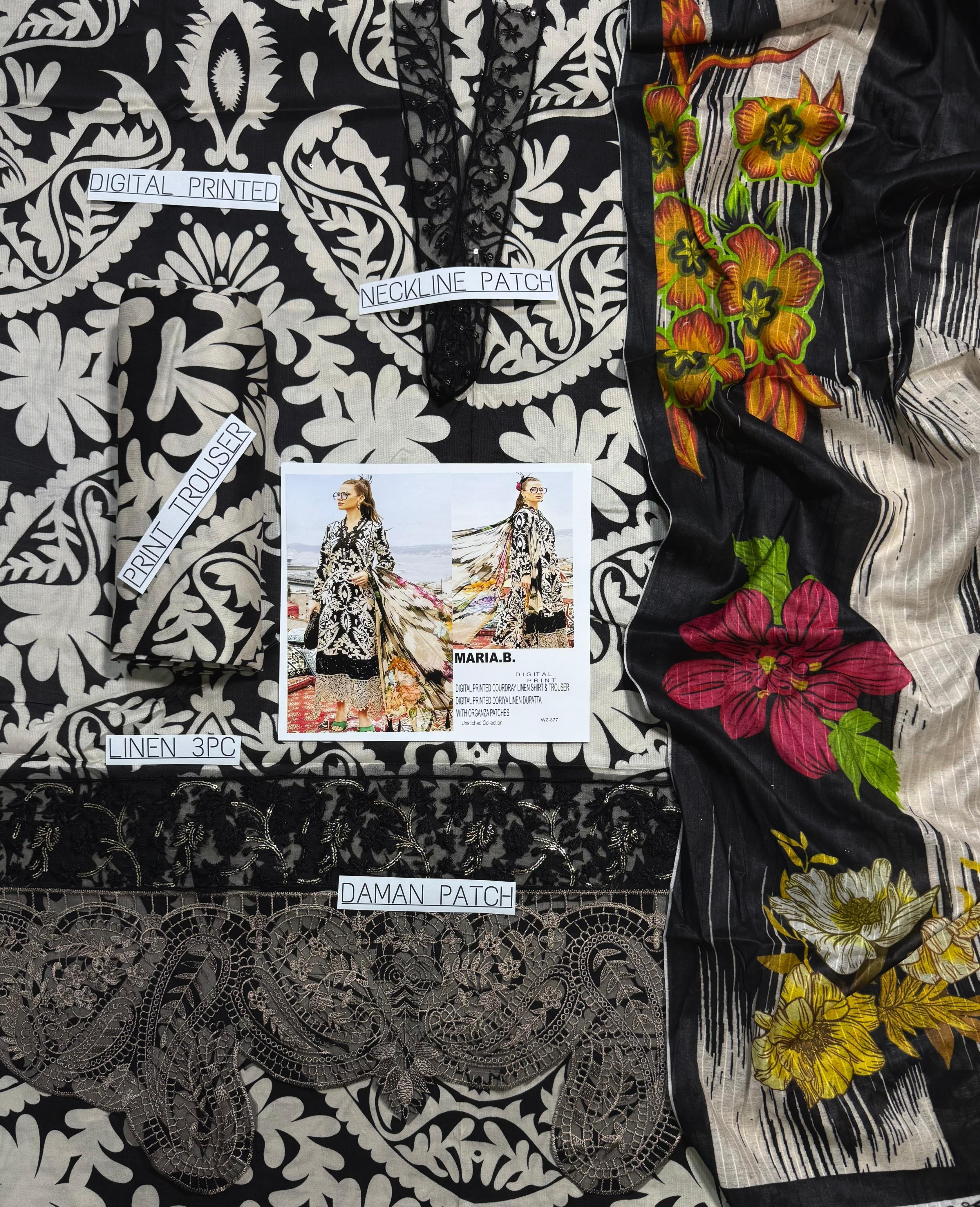 MARIA B-PRINTED LINEN WITH EMBROIDERED PATCHES UNSTICHED 3PC (SL-2307)