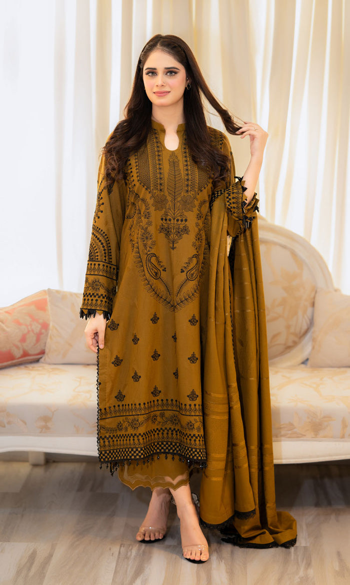 Zainii’s Mustard Embroidered Dhanak Unstiched 3pc WITH EMBROIDERED DHANAK SHAWL (SL-1155)