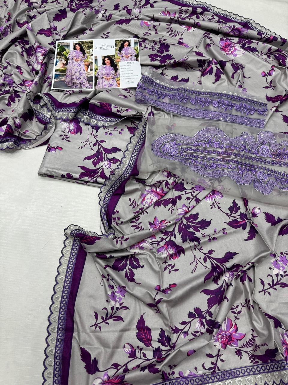 Purple Bloom LINEN Unstiched 3pc Printed With Patches SL-1955