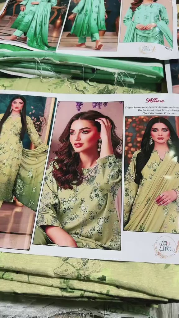 Zimal Collected                 ALLURE
FRONT FULLY Thread & Sequenc EMBROIDERED SHIRT
DAMAN Embroidered
Printed back & Sleeves
Slub Karandi Printed SHAWL
DYED Karandi Trouser