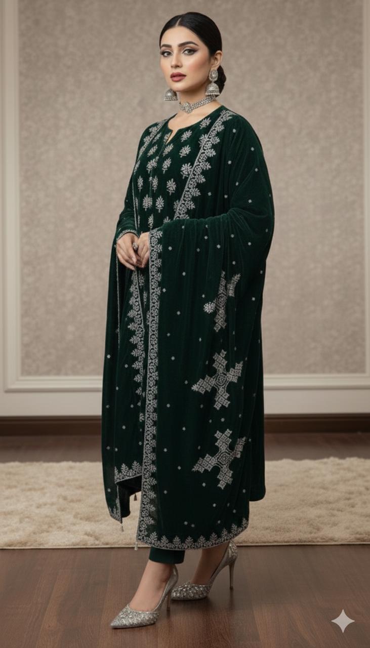 Maria B Embroidered Micro Velvet Unstitched 3pc (Green)