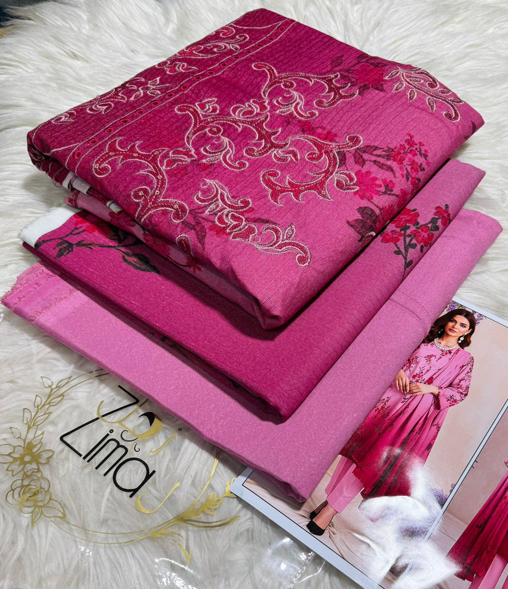 Zimal Collected                 ALLURE
FRONT FULLY Thread & Sequenc EMBROIDERED SHIRT
DAMAN Embroidered
Printed back & Sleeves
Slub Karandi Printed SHAWL
DYED Karandi Trouser