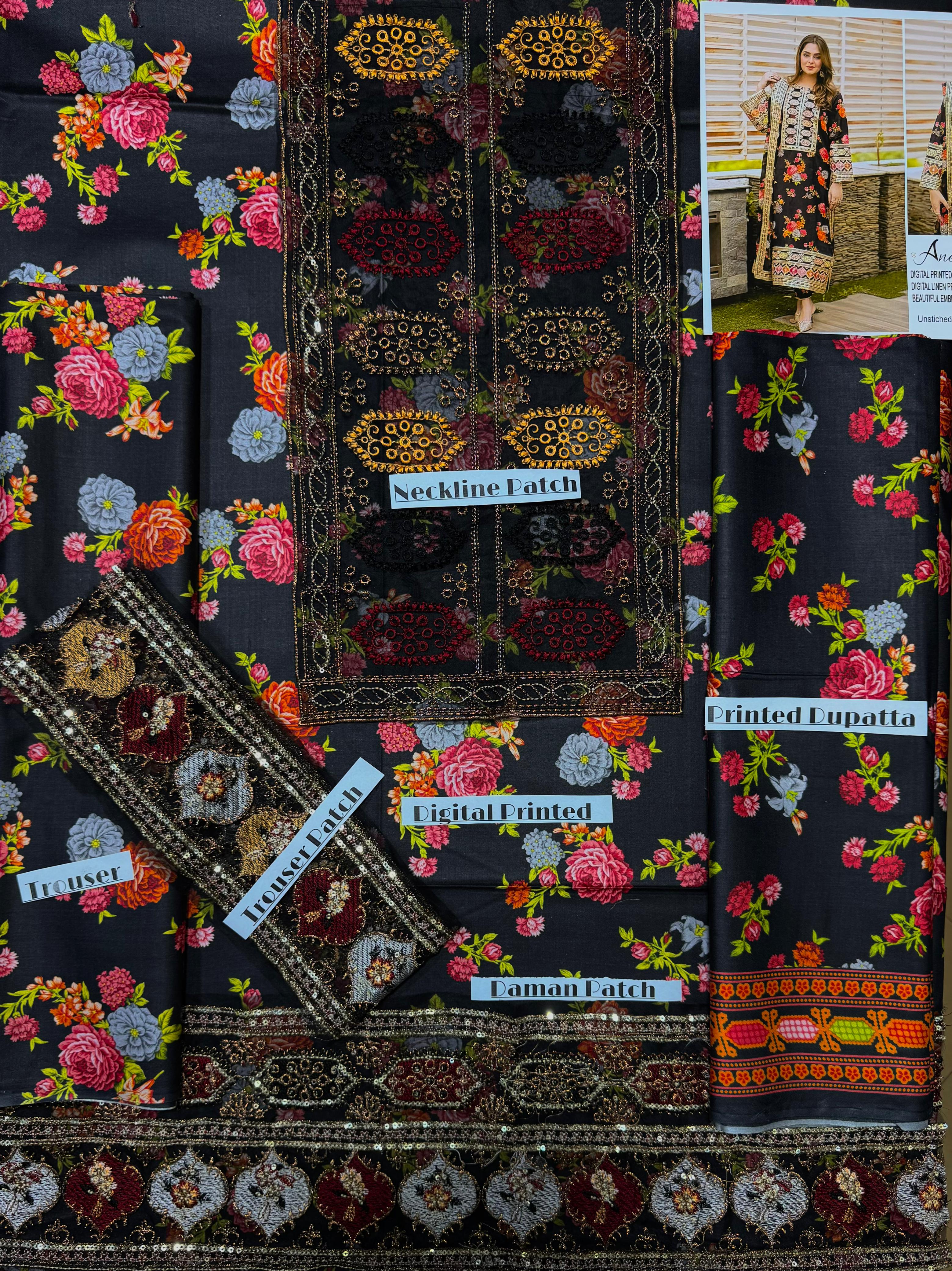 Haseena by Aneela's linen printed embroidered linen Unstitched 3pc