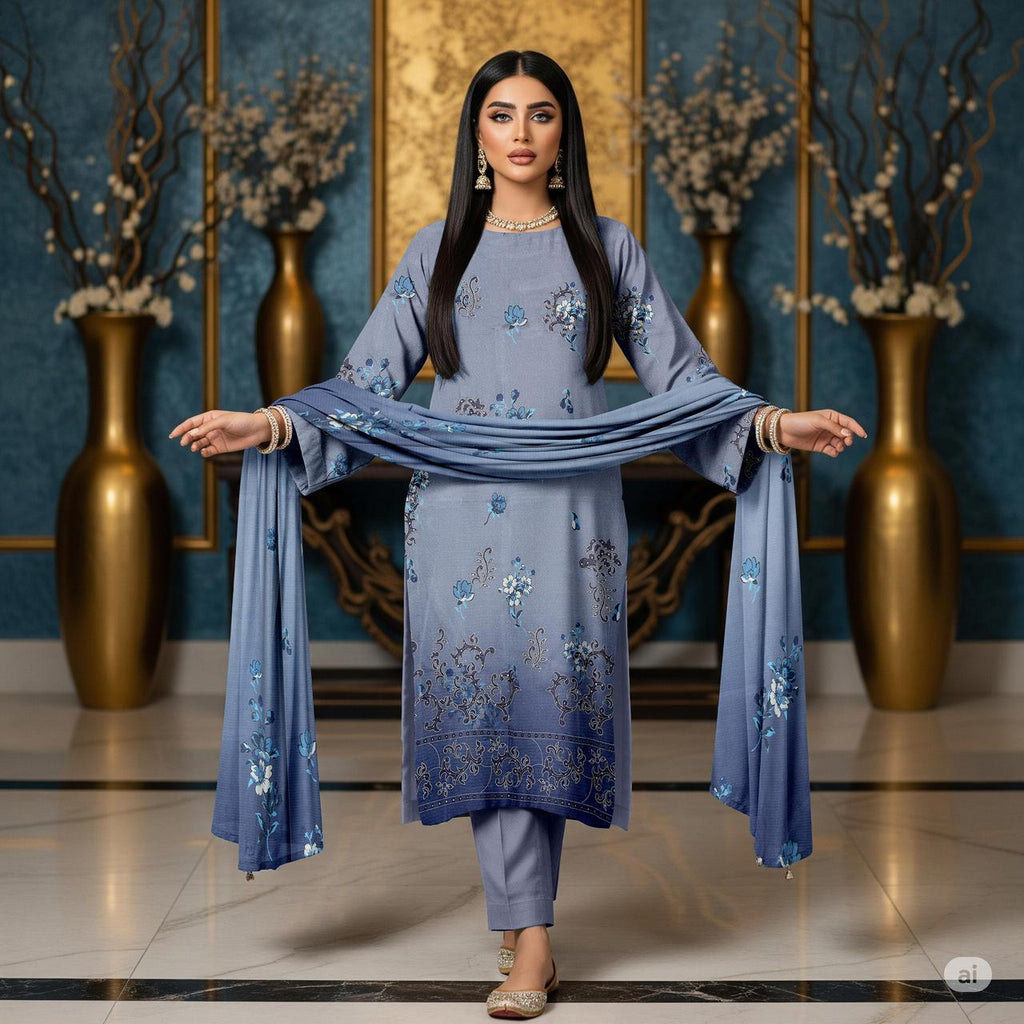 Zimal Collected                 ALLURE
FRONT FULLY Thread & Sequenc EMBROIDERED SHIRT
DAMAN Embroidered
Printed back & Sleeves
Slub Karandi Printed SHAWL
DYED Karandi Trouser