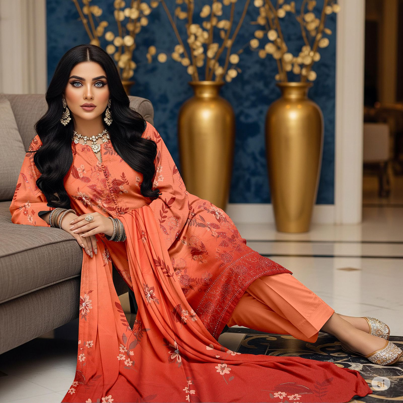 Zimal Collected                 ALLURE
FRONT FULLY Thread & Sequenc EMBROIDERED SHIRT
DAMAN Embroidered
Printed back & Sleeves
Slub Karandi Printed SHAWL
DYED Karandi Trouser