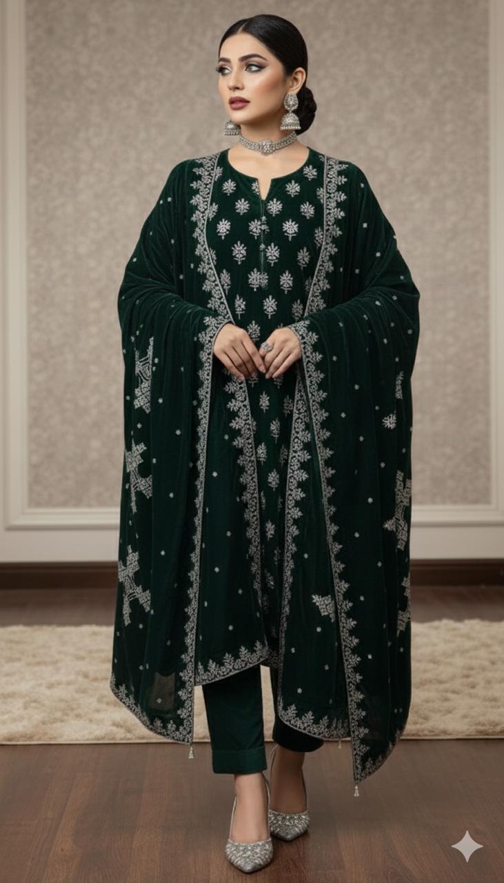 Maria B Embroidered Micro Velvet Unstitched 3pc (Green)