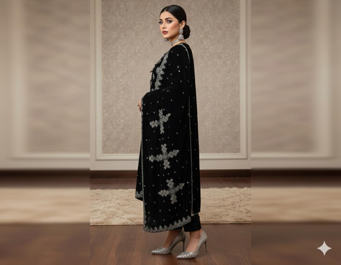 Maria B Embroidered Micro Velvet Unstitched 3pc (Black)