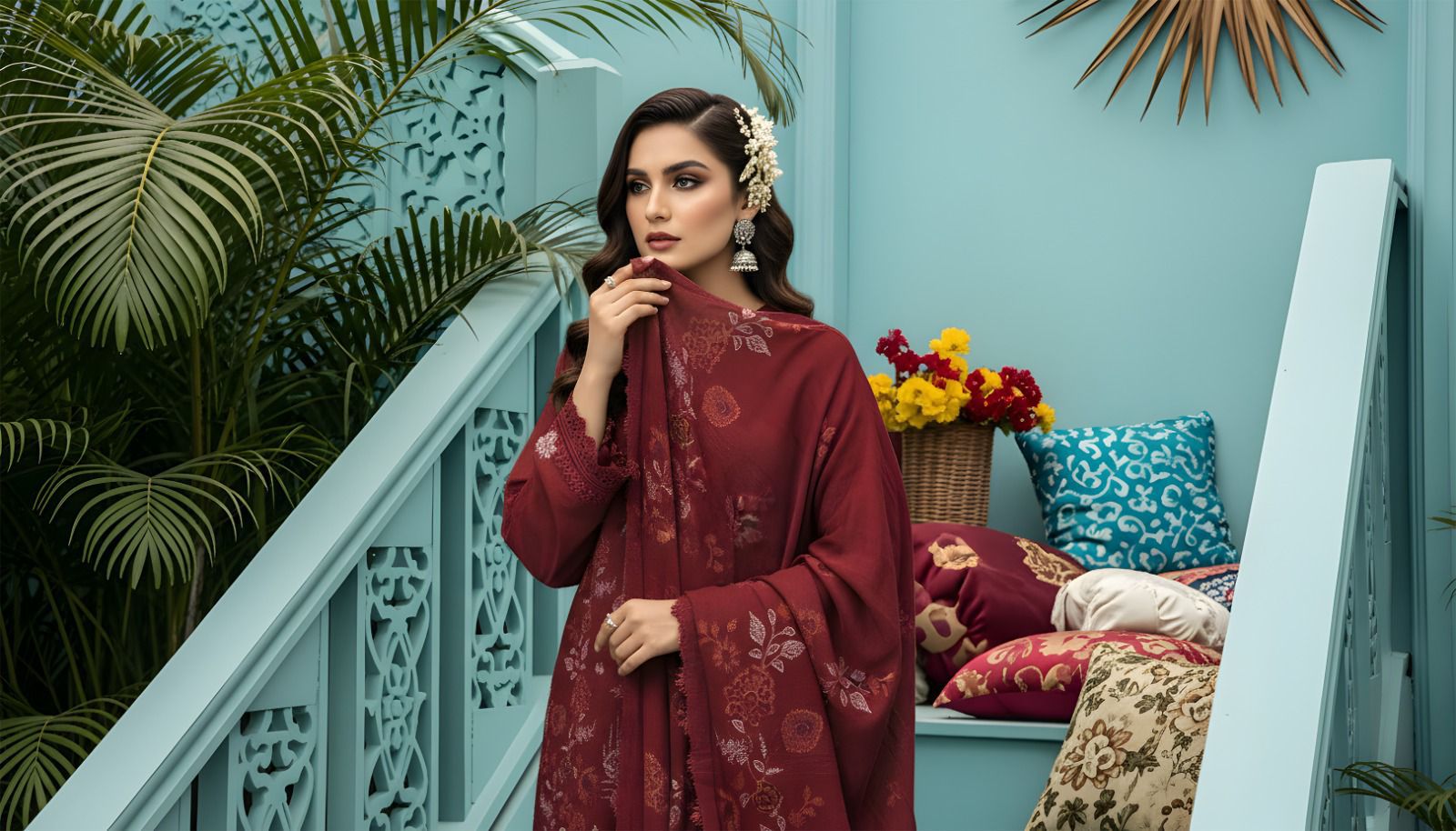 Rasbhari Dhanak Thread Embroidered 3pc with velvet dhanak jequard emb shawl