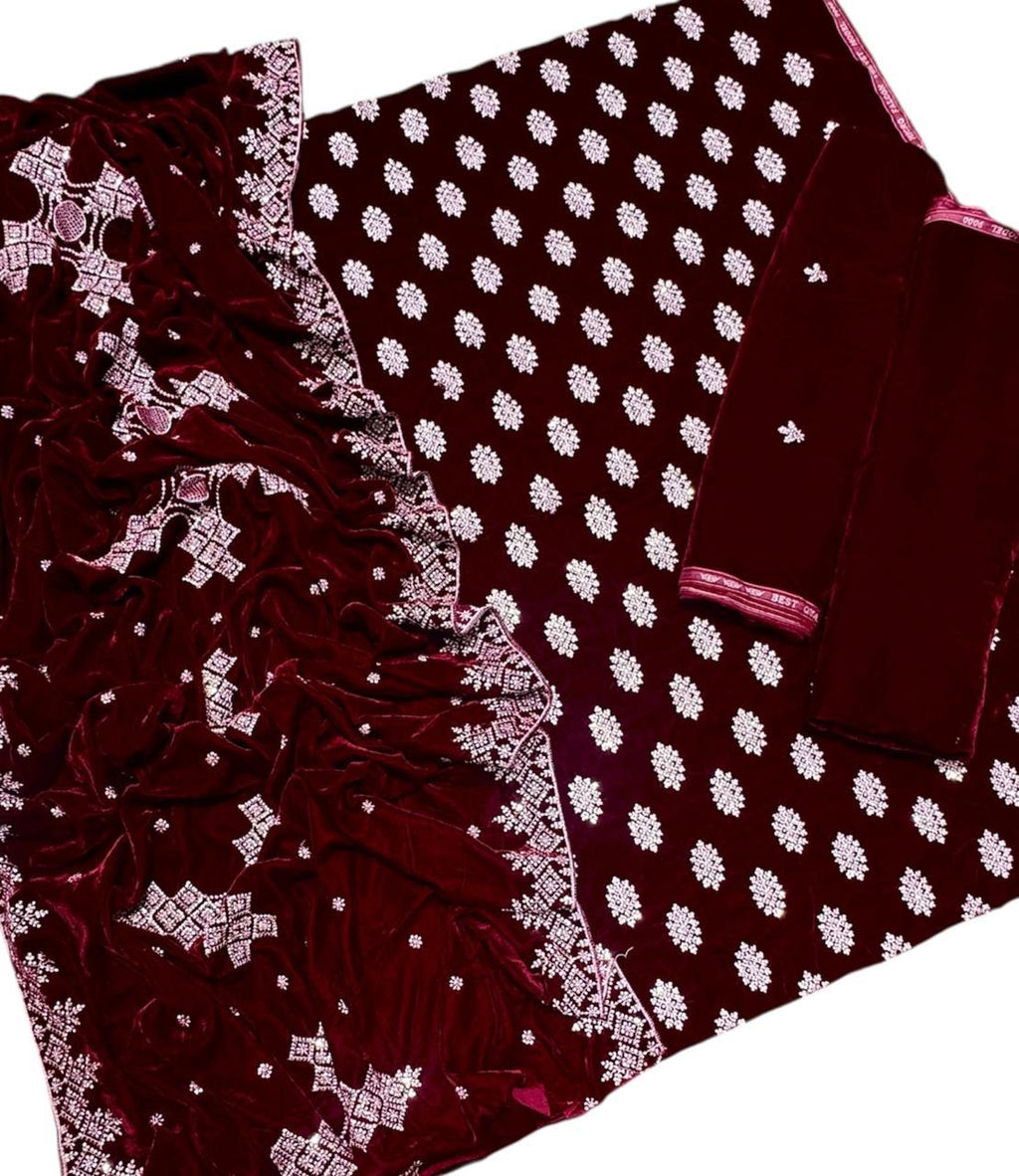 Maria B Embroidered Micro Velvet Unstitched 3pc(Mahroon)