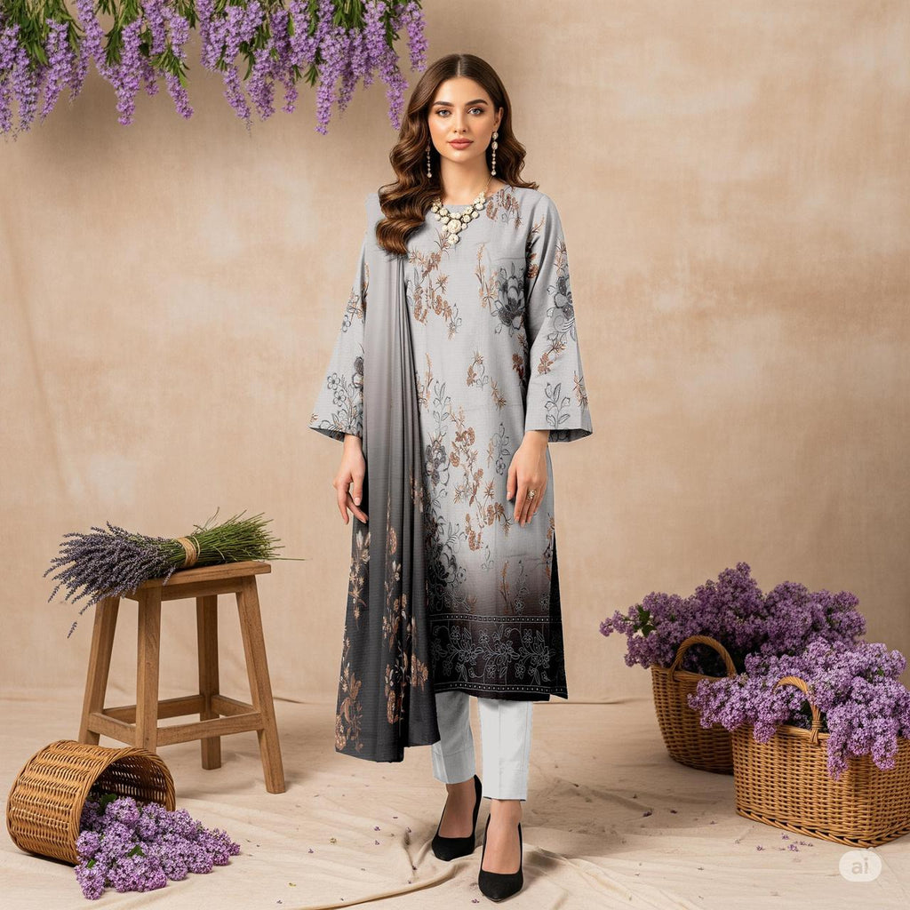 Zimal Collected                 ALLURE
FRONT FULLY Thread & Sequenc EMBROIDERED SHIRT
DAMAN Embroidered
Printed back & Sleeves
Slub Karandi Printed SHAWL
DYED Karandi Trouser