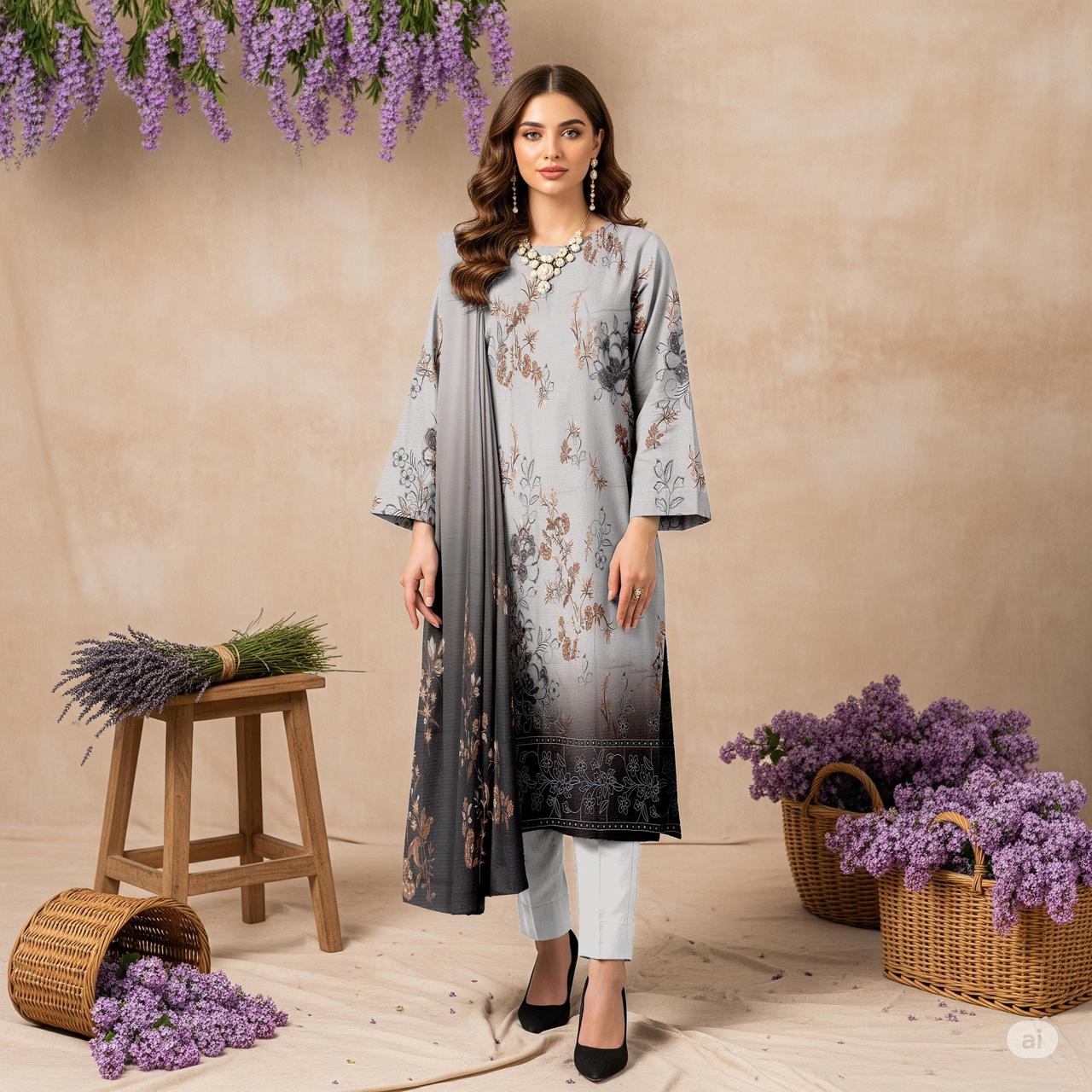 Zimal Collected                 ALLURE
FRONT FULLY Thread & Sequenc EMBROIDERED SHIRT
DAMAN Embroidered
Printed back & Sleeves
Slub Karandi Printed SHAWL
DYED Karandi Trouser