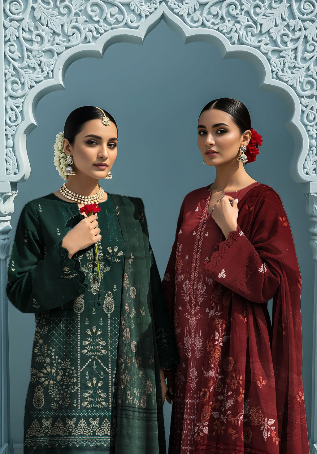 Rasbhari Dhanak Thread Embroidered 3pc with velvet dhanak jequard emb shawl