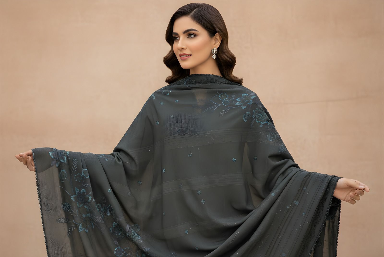 Rasbhari Dhanak Thread Embroidered 3pc with velvet dhanak jequard emb shawl