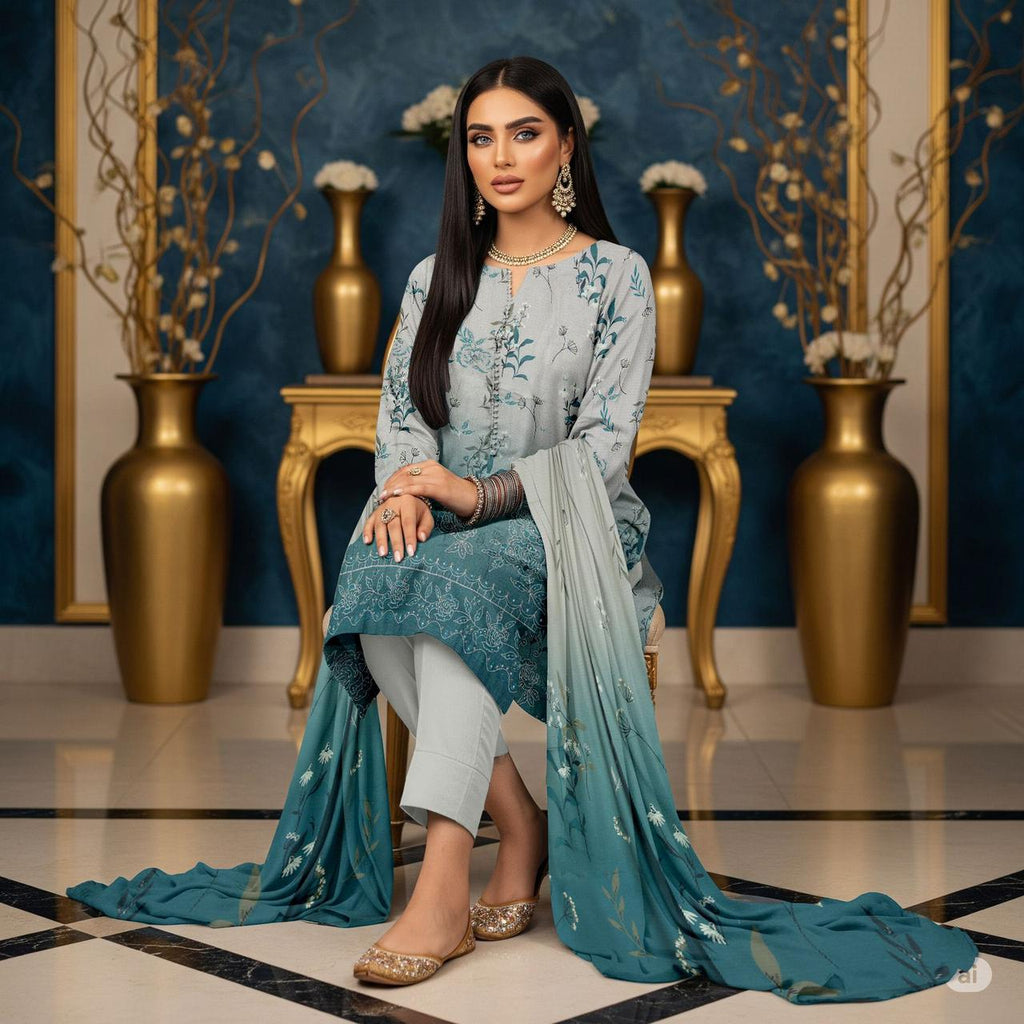 Zimal Collected                 ALLURE
FRONT FULLY Thread & Sequenc EMBROIDERED SHIRT
DAMAN Embroidered
Printed back & Sleeves
Slub Karandi Printed SHAWL
DYED Karandi Trouser