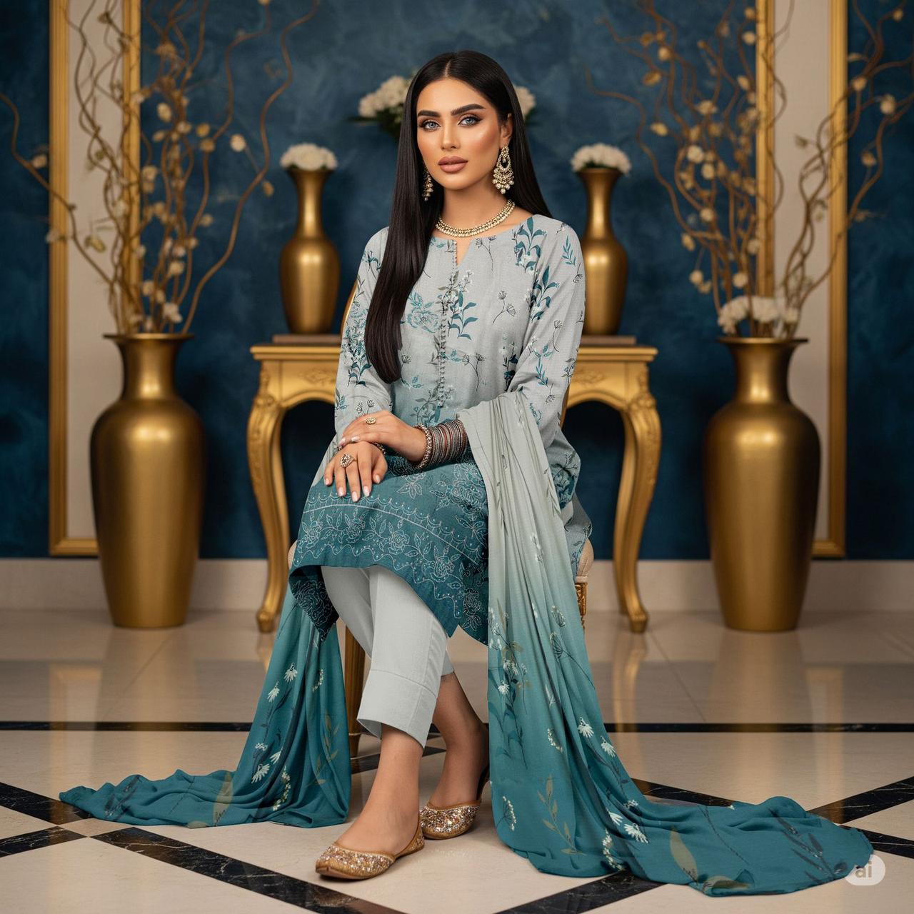 Zimal Collected                 ALLURE
FRONT FULLY Thread & Sequenc EMBROIDERED SHIRT
DAMAN Embroidered
Printed back & Sleeves
Slub Karandi Printed SHAWL
DYED Karandi Trouser