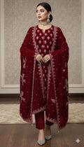 Maria B Embroidered Micro Velvet Unstitched 3pc(Mahroon)
