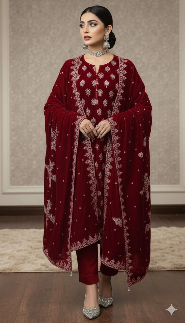 Maria B Embroidered Micro Velvet Unstitched 3pc (Red)