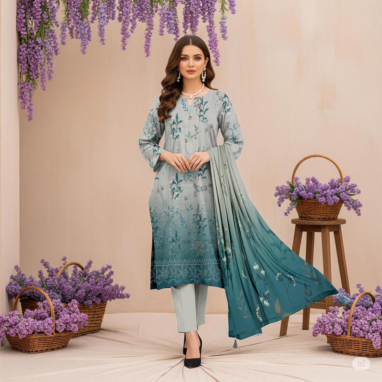 Zimal Collected                 ALLURE
FRONT FULLY Thread & Sequenc EMBROIDERED SHIRT
DAMAN Embroidered
Printed back & Sleeves
Slub Karandi Printed SHAWL
DYED Karandi Trouser