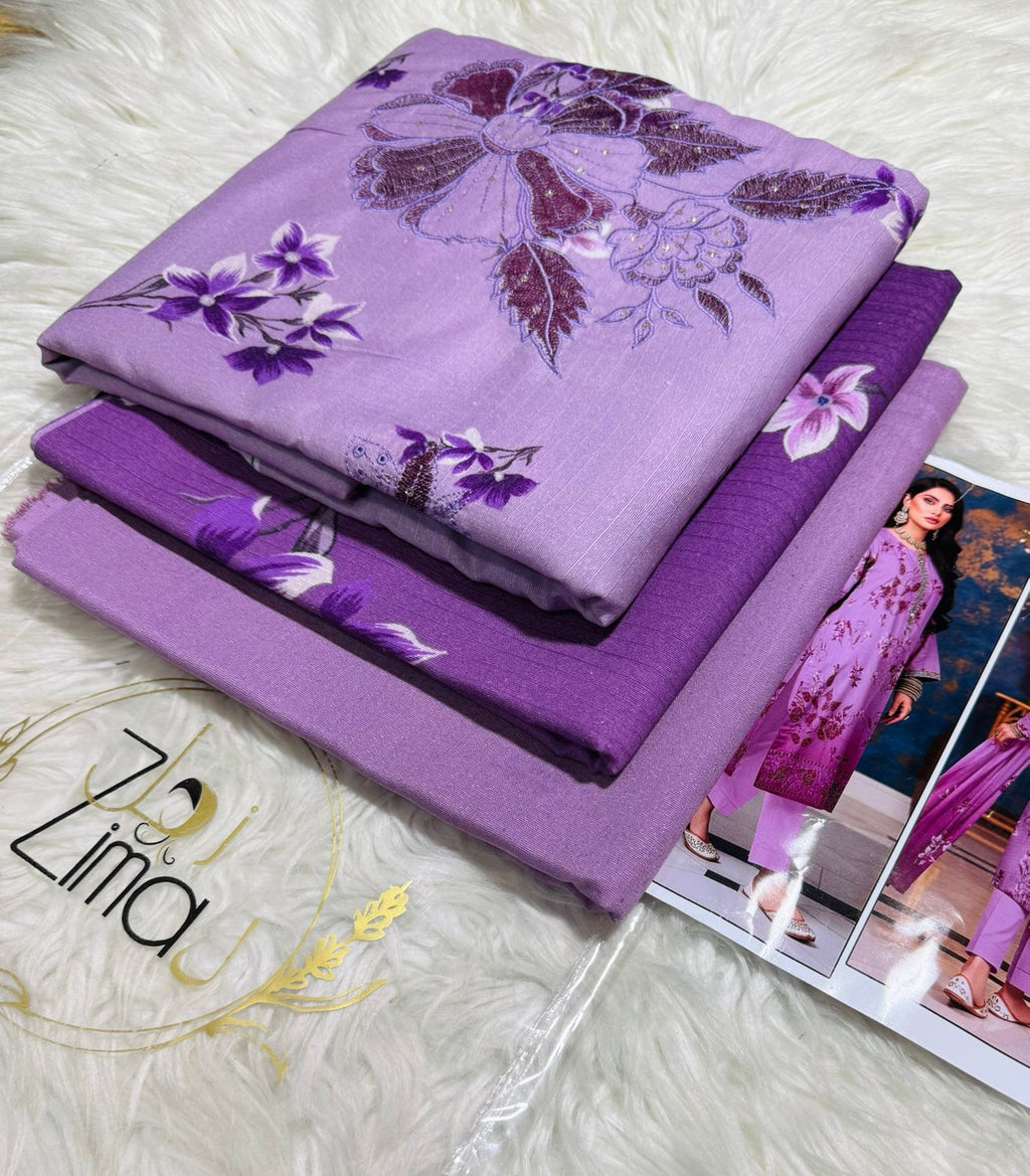 Zimal Collected                 ALLURE
FRONT FULLY Thread & Sequenc EMBROIDERED SHIRT
DAMAN Embroidered
Printed back & Sleeves
Slub Karandi Printed SHAWL
DYED Karandi Trouser