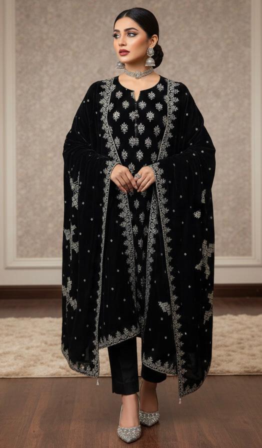 Maria B Embroidered Micro Velvet Unstitched 3pc (Black)