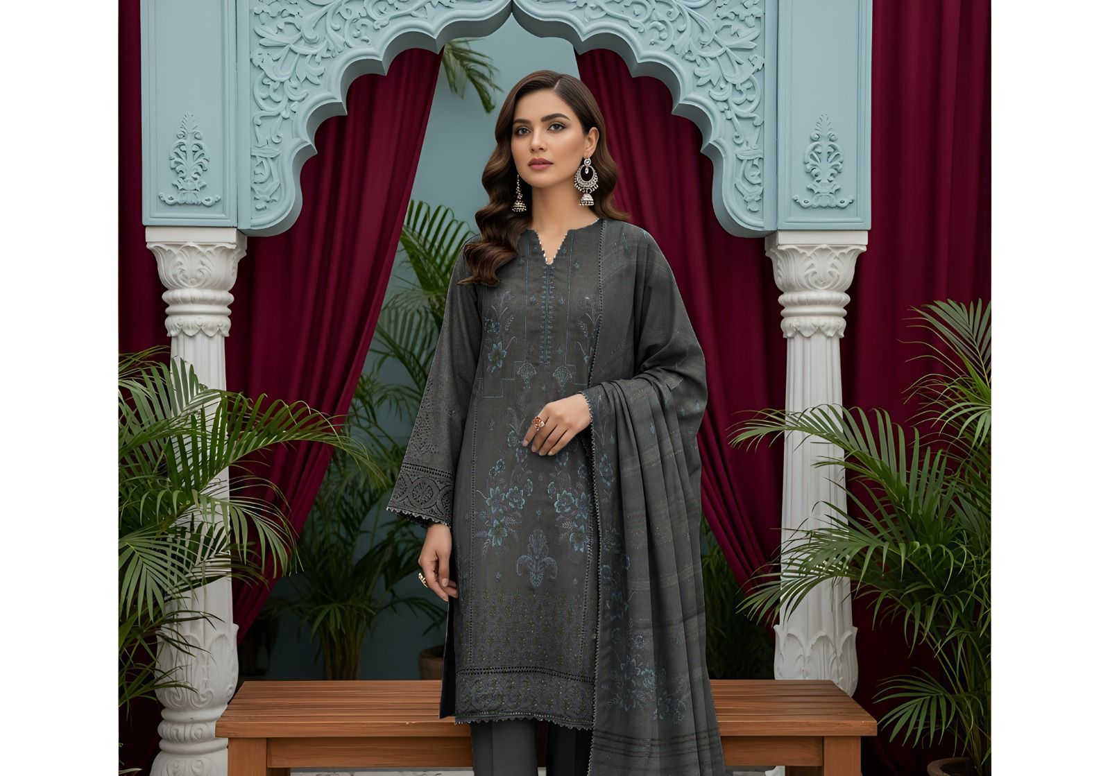 Rasbhari Dhanak Thread Embroidered 3pc with velvet dhanak jequard emb shawl