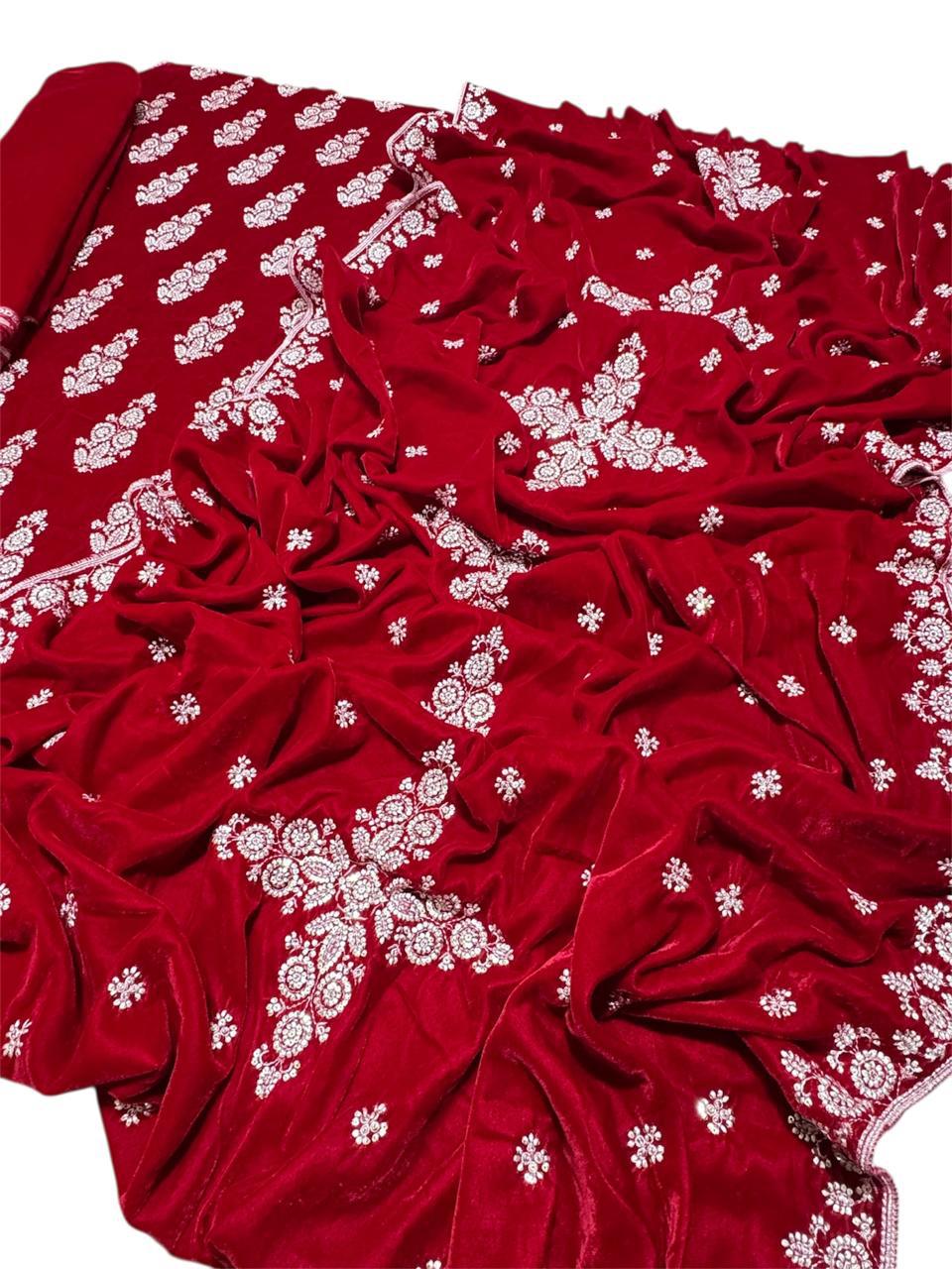 Maria B Embroidered Micro Velvet Unstitched 3pc (Red)