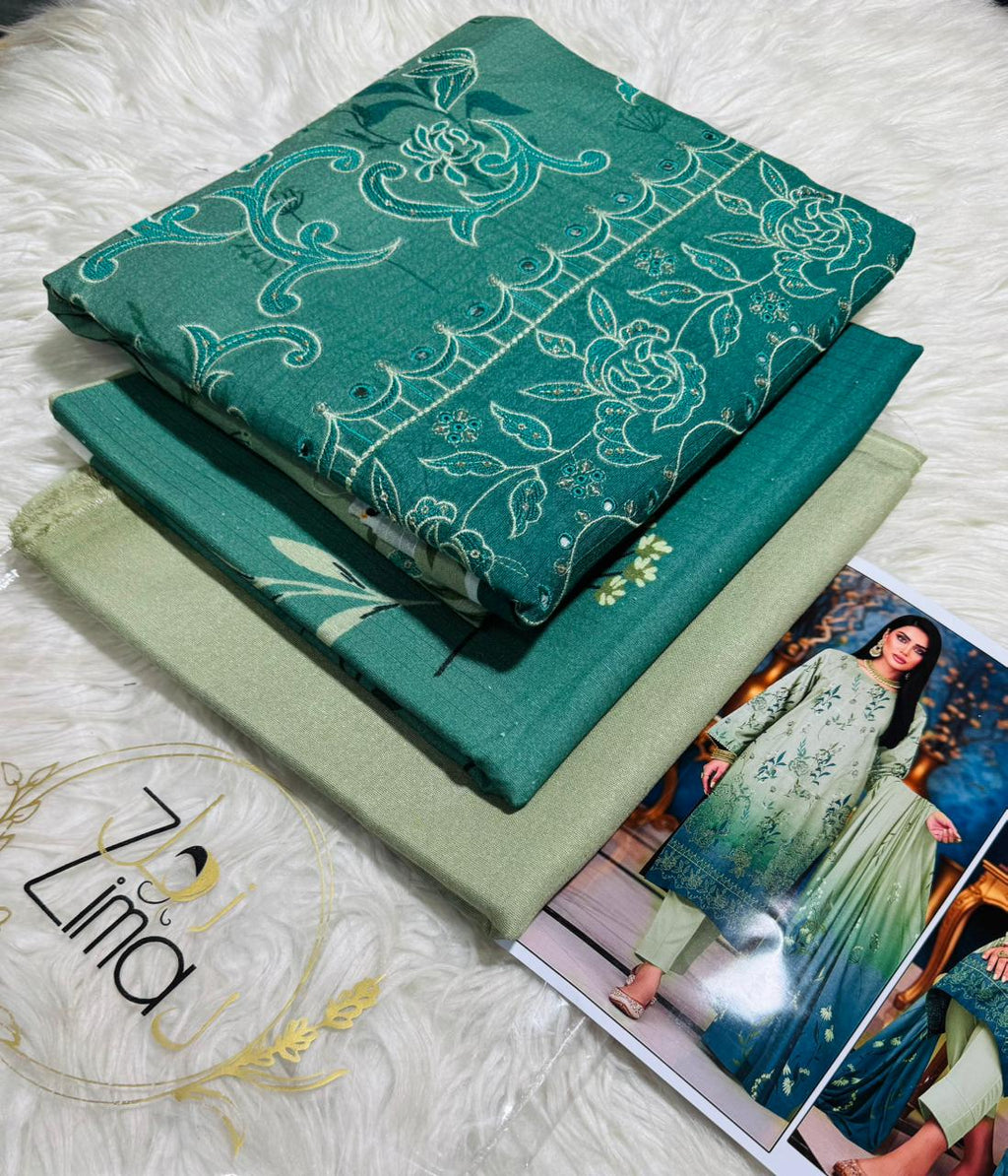 Zimal Collected                 ALLURE
FRONT FULLY Thread & Sequenc EMBROIDERED SHIRT
DAMAN Embroidered
Printed back & Sleeves
Slub Karandi Printed SHAWL
DYED Karandi Trouser