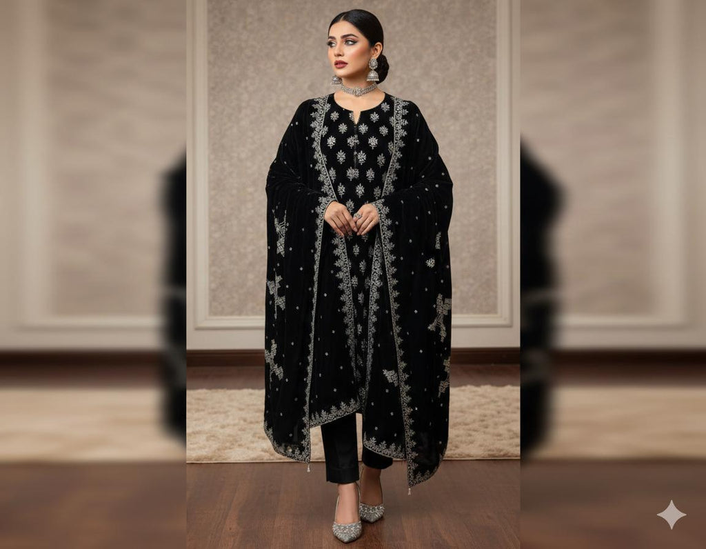Maria B Embroidered Micro Velvet Unstitched 3pc (Black)