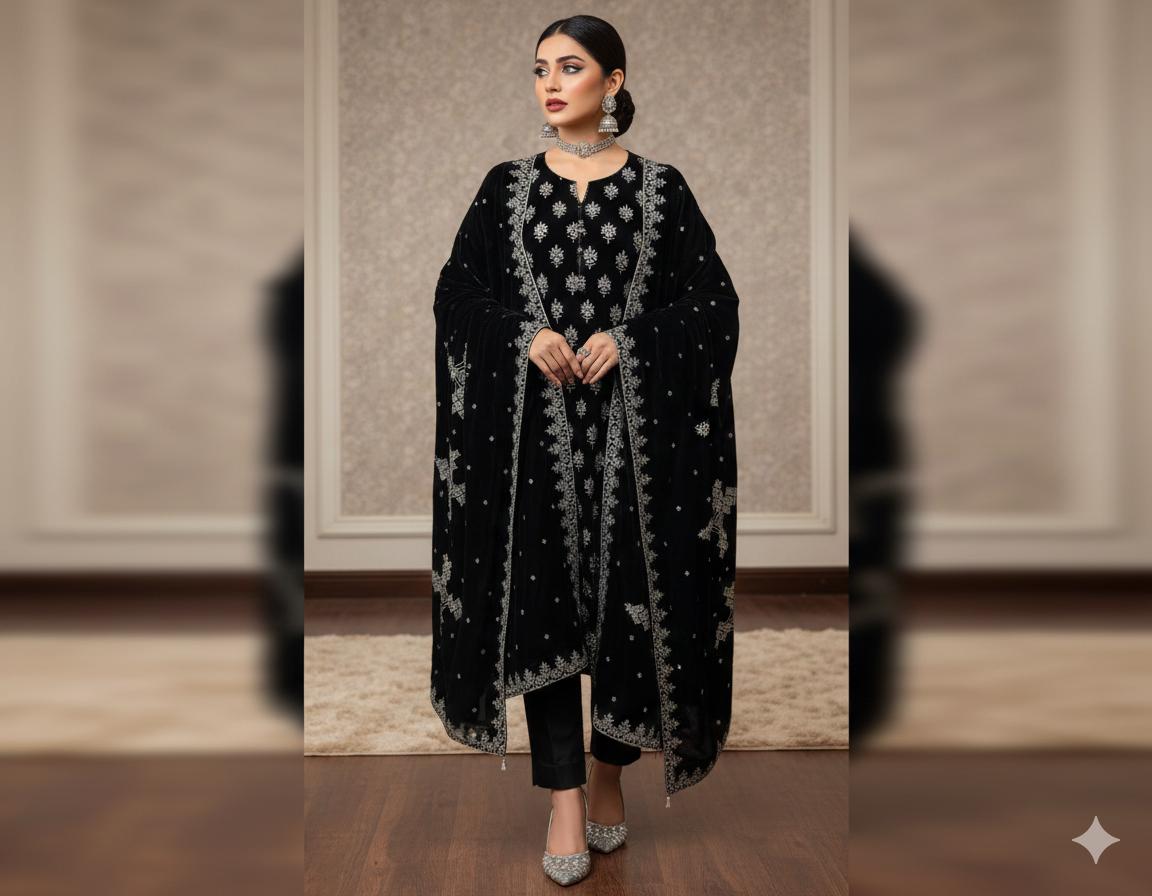 Maria B Embroidered Micro Velvet Unstitched 3pc (Black)