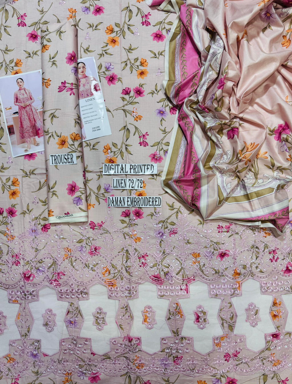 Qalamkar Daman LaserKari Linen 3pc