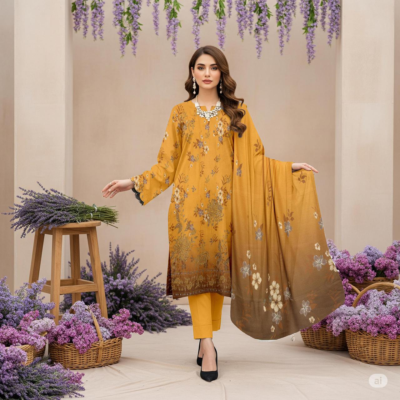 Zimal Collected                 ALLURE
FRONT FULLY Thread & Sequenc EMBROIDERED SHIRT
DAMAN Embroidered
Printed back & Sleeves
Slub Karandi Printed SHAWL
DYED Karandi Trouser
