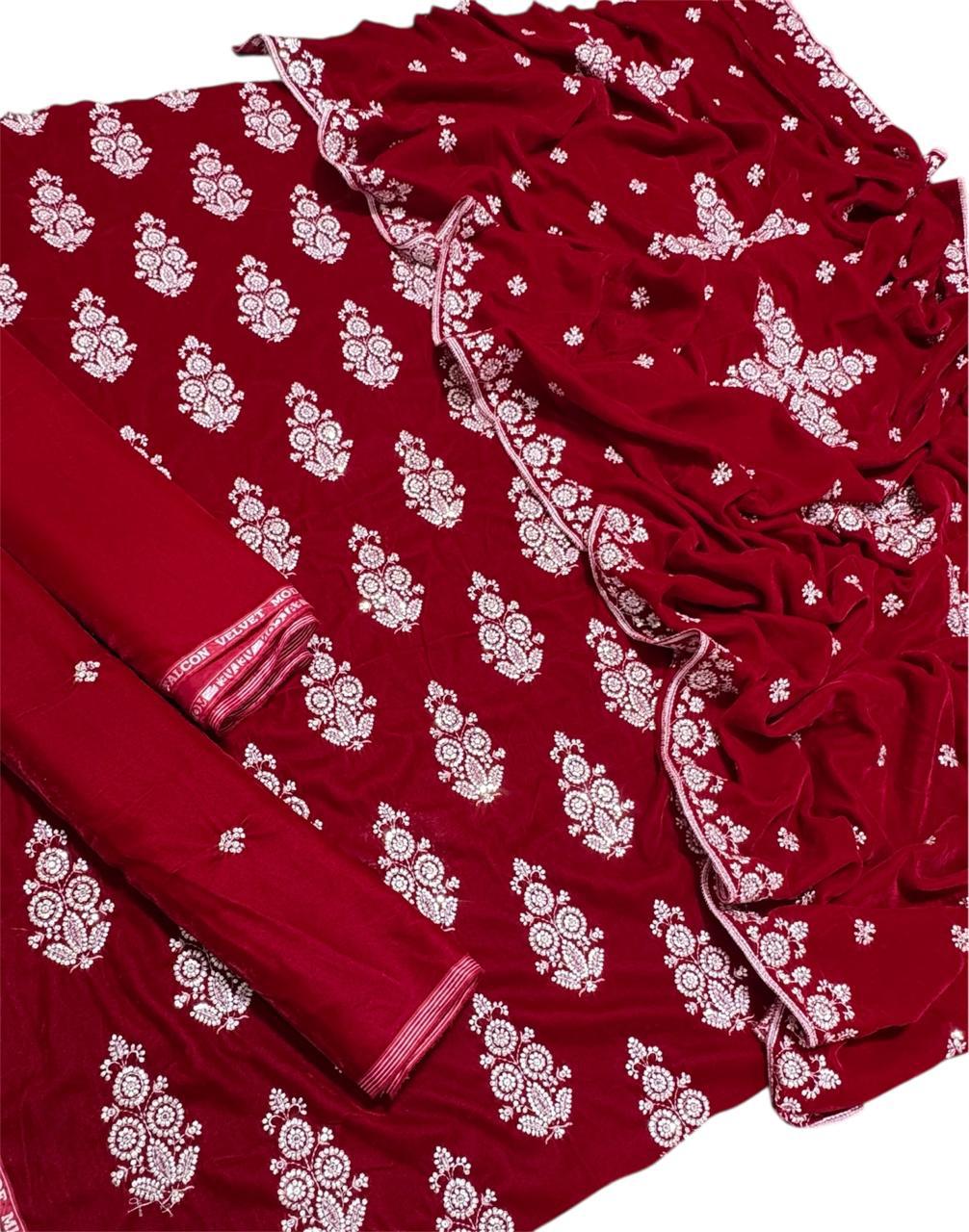 Maria B Embroidered Micro Velvet Unstitched 3pc (Red)