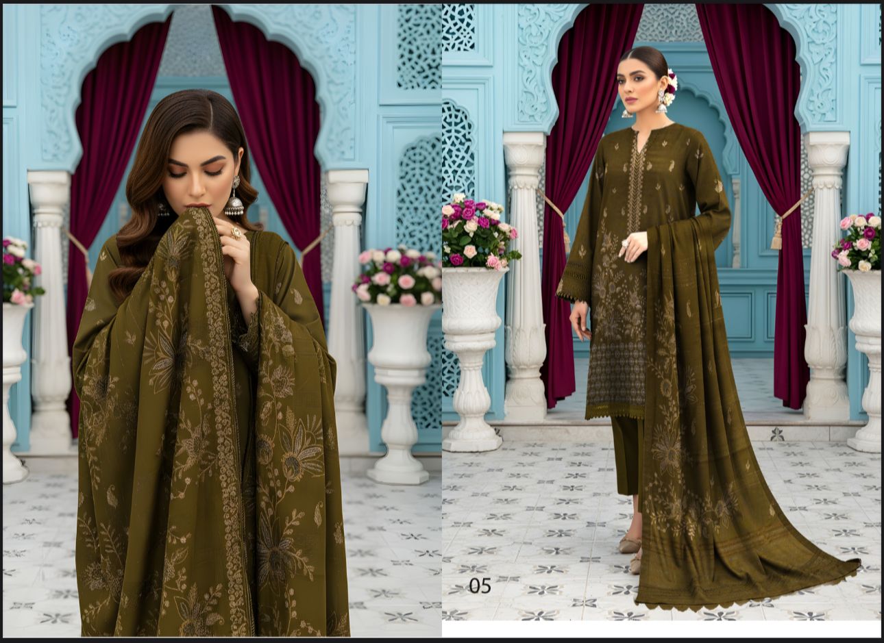 Rasbhari Dhanak Thread Embroidered 3pc with velvet dhanak jequard emb shawl
